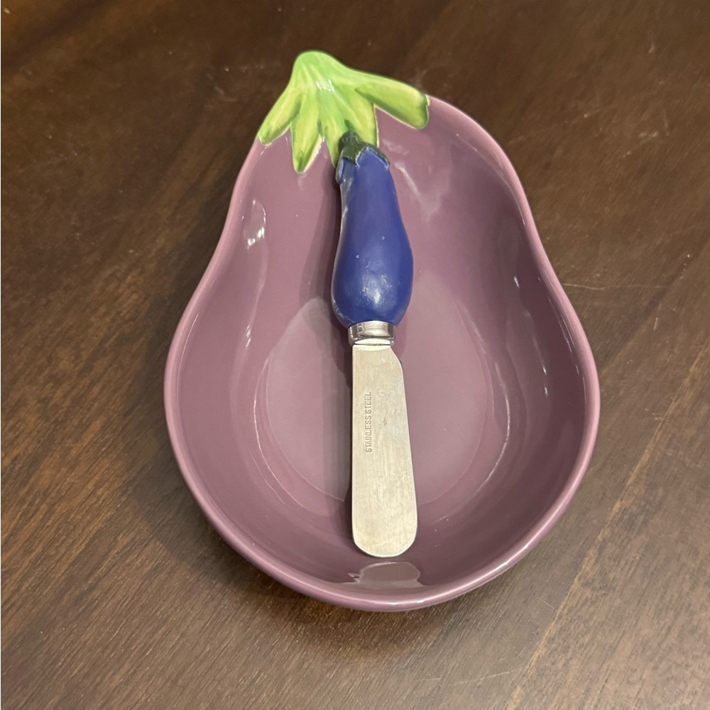 Eggplant Shaped Serving Dish and Butter Knife